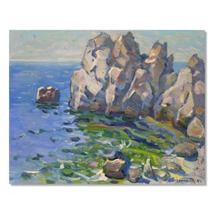 Coastal Rock Seascape – Ivan Tyukha, Ukrainian Oil Painting on Cardboard