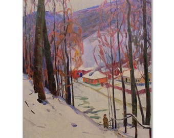 Pintura invernal, óleo sobre cartón: paisaje de pueblo nevado