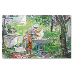 Pintura de paisagem rural vintage | Cena encantadora de quintal | Mulher lavando roupas | Artista ucraniano Vasyl Makatukha
