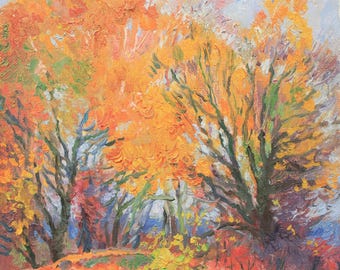 Vibrant Autumn Forest – Original Vintage Oil Painting –  Impressionist Landscape Art