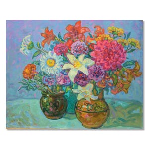 Pintura al óleo original vintage de naturaleza muerta con flores brillantes del artista ucraniano Viktor Gaiduk
