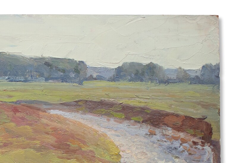 May include: A painting depicting a landscape with a meandering river in the foreground. The river is pale blue and the banks are a combination of brown, green, and yellow. The background is a hazy blue with a line of trees in the distance.