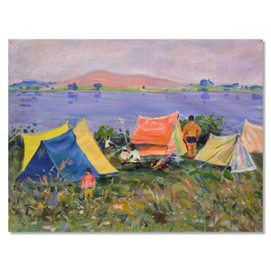 Pintura de gênero original | Pintura a óleo ucraniana vintage | Acampamento em família na margem do rio