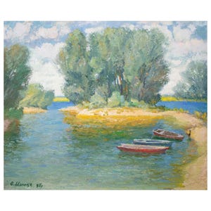 Tranquil River Scene with Boats – Original Vintage Oil Painting – Impressionist Landscape Art