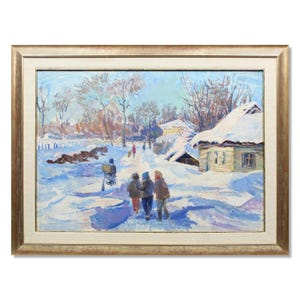Sammlerstück Vintage Kunstwerk | Sozialistischer Realismus Genrebild | Ländliche Winterszene | Ukrainische Künstlerin Natalia Zaruba-Berlyavska