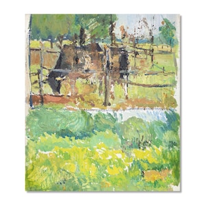 Arte Clássica Ucraniana | Pintura Vintage de Campo | Óleo sobre Papelão | Vaca Pastando em Poço de Lama | Artista Ucraniano
