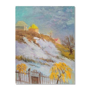 Arte Ucraniana Vintage Autêntica | Pintura a Óleo Pintada à Mão | Cena de Inverno no Campo
