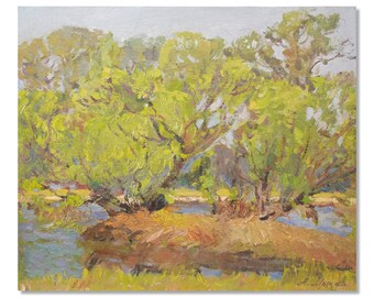 Arte de río vintage Artista ucraniano / Pintura al óleo original / Árboles de sauce tranquilos reflejándose en el agua