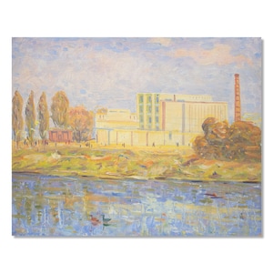 Pintura a óleo industrial vintage | Charme rústico na arte | Fábrica à beira do rio