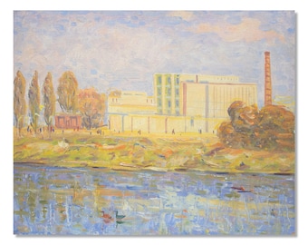 Pintura al óleo industrial vintage / Encanto rústico en el arte / Fábrica junto al río