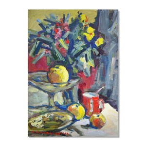 Manzanas y flores de color amarillo vibrante / Óleo contemporáneo sobre cartón / Pintura original