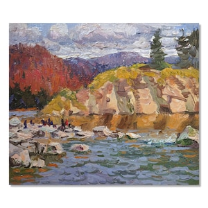 Boceto al óleo de un río de montaña – Pintura al aire libre de Olexandr Mynka – Paisaje otoñal sobre cartón