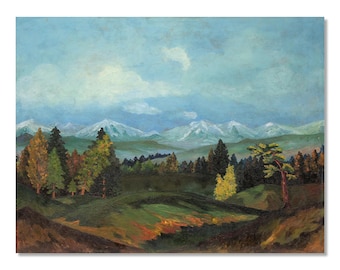 Paisaje ucraniano vintage / Pintura de montaña majestuosa / Obra original al óleo sobre lienzo con pinos de V. Tertysh