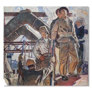 Original Vintage Seltene Russische Genre Kunst | Der Fünfjahresplan Baumeister | Ölgemälde | Ukrainischen Künstlers Evgeny Zherdzitsky