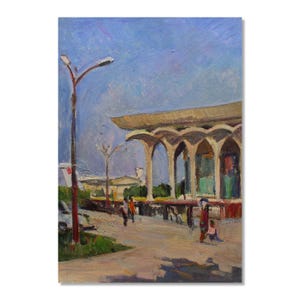 Pintura original a óleo vintage de paisagem urbana - Cena deslumbrante do aeroporto em Irpin City, do artista ucraniano Yuri Sorokoletov