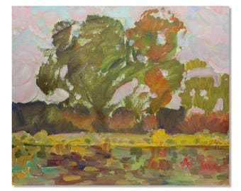 Lake painting, oil on cardboard – impressionist landscape with trees and water