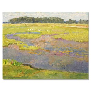 Serenidad aislada: pintura de paisaje ucraniano vintage hecha a mano con el fluir del río por el Sr. Olexandr Mynka