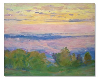 Arte fluvial vintage: pintura al óleo original sobre cartón del artista ucraniano Ivan Tyukha: una impresionante puesta de sol