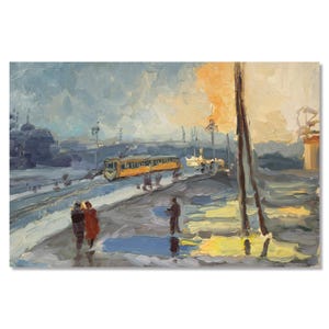 Charme urbano ucraniano: pintura a óleo vintage de uma rua noturna e metrô