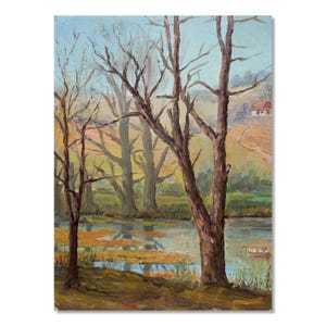 Pintura a óleo original ucraniana vintage, rural | Paisagem de rio de outono por Boris Shlapak