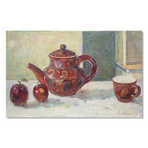 Pintura a óleo vintage – Natureza morta com bule e maçãs – Arte rústica ucraniana para cozinha