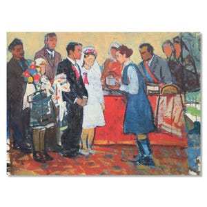 Pintura original do realismo socialista vintage | Cena de casamento de arte soviética | Artista ucraniano