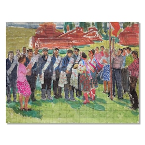 Pintura de Gênero Vintage | Arte Tradicional Soviética | Celebração do Festival da Colheita