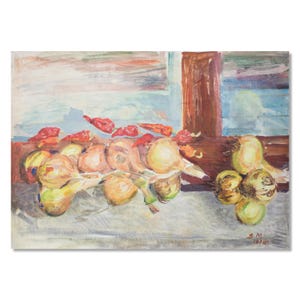 Pintura al óleo vegetal / Bodegón de cebollas y chiles / Artista ucraniano Vasyl Makatukha