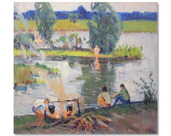 Lake painting, oil on canvas – summer river camp scene