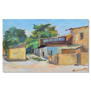 Pintura de uma casa de campo encantadora | Arte ucraniana vintage | Óleo sobre papelão por Fedorchenko Volodymyr