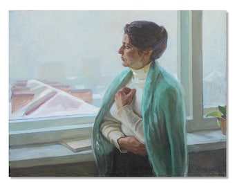Original Ukrainian Artwork by Yuriy Melikhov - Vintage Oil Painting of School Teacher by Window