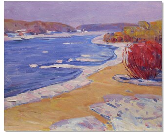 River painting, oil on cardboard – winter shoreline landscape