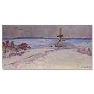Winter Riverside Monument – Ukrainian Oil Painting on Cardboard