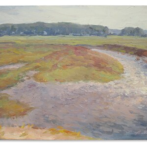 May include: A painting depicting a meandering river flowing through a field, with a line of trees in the distance. The river is painted in a light blue hue, while the field is a blend of green and brown tones. The trees are a dark green.
