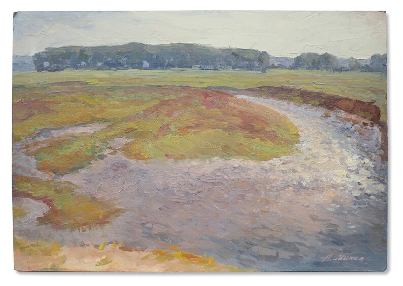 May include: A painting depicting a meandering river flowing through a field, with a line of trees in the distance. The river is painted in a light blue hue, while the field is a blend of green and brown tones. The trees are a dark green.