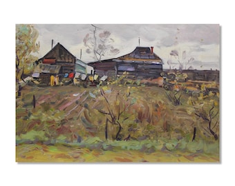 Rural landscape, oil on cardboard – rustic village houses