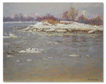 Vintage Oil Painting – Winter River Cityscape – Ukrainian Snow Scene Artwork