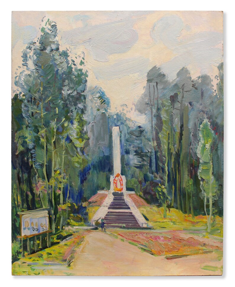 Over the obelisk oil on cardboard Ukrainian painter by Ivan Tyukha 1920 \u2013 2000 landscape painting Original vintage