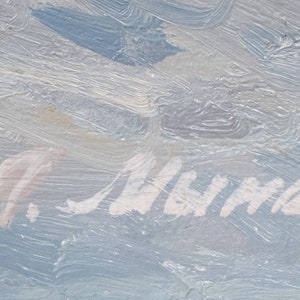 May include: A close-up of a light blue and white painting with a signature in the bottom right corner that reads "H. Suhrke 9".