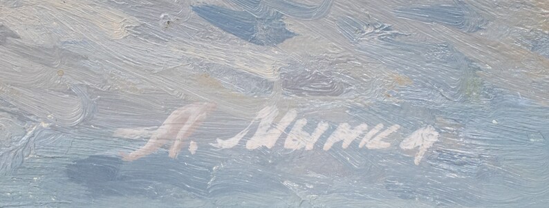 May include: A close-up of a light blue and white painting with a signature in the bottom right corner that reads "H. Suhrke 9".