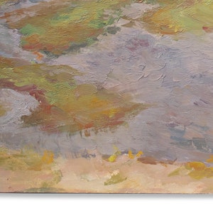 May include: Abstract painting with a textured surface. The painting features shades of brown, yellow, green, and purple.