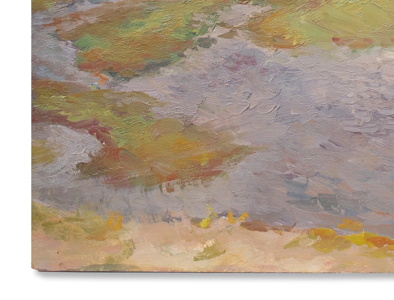 May include: Abstract painting with a textured surface. The painting features shades of brown, yellow, green, and purple.