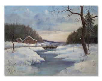 Snowy Cabin Winter Landscape Oil Painting Rustic Wall Art