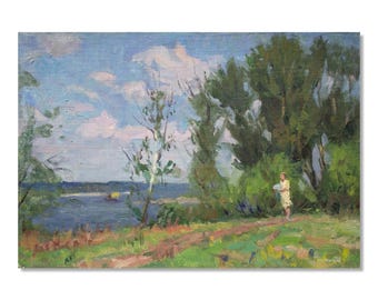 Paesaggio con fiume e donna, dipinto a olio