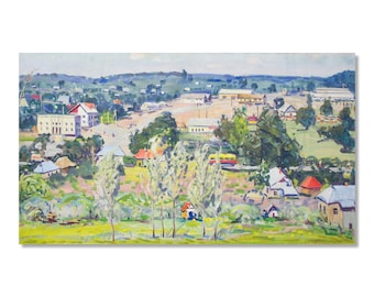 Village Landscape — Oil on Cardboard, Vintage Ukrainian Painting by Ivan Tyukha