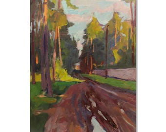 Vintage landschapskunst | Bospad en kerstbomen | Olieverf op karton schilderij