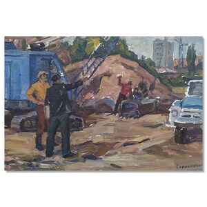 Vintage Industrial Painting | Dzieło sztuki na placu budowy | Dzieło sztuki olejnej na tekturze