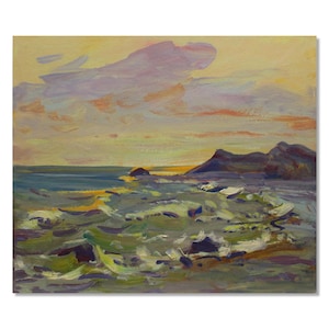 Sunset painting, oil on cardboard – seascape with waves and coast