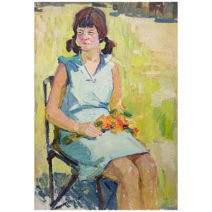 Porträt eines Mädchens mit Blumen – Originales Vintage Ölgemälde – von Olexandr Mynka – Impressionistische Figurative Kunst
