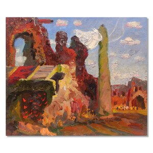 Pintura vintage única / Óleo sobre cartón / Ruinas antiguas en la ciudad del artista ucraniano Olexandr Mynka